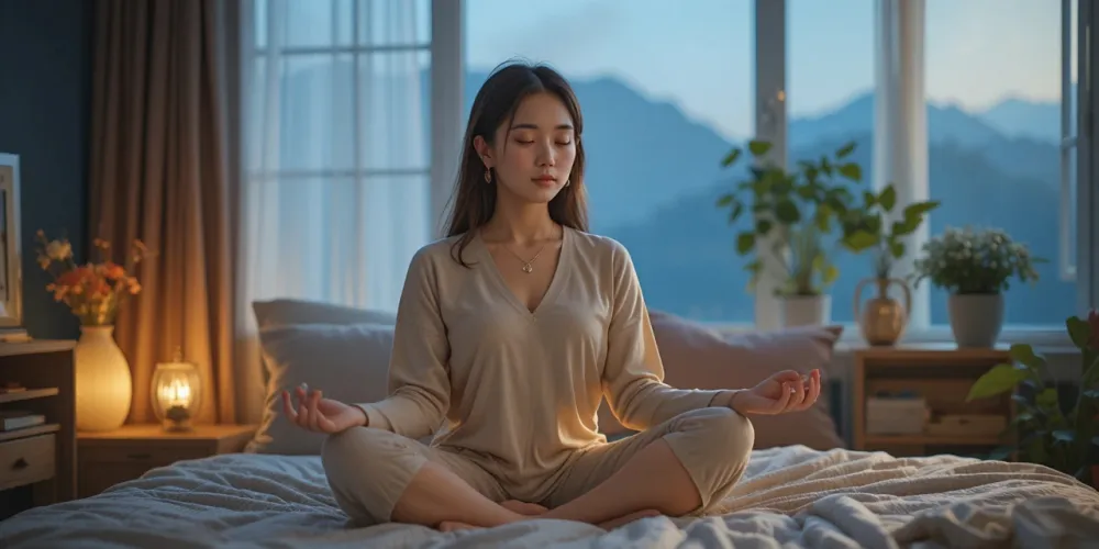 명상으로 수면 무호흡증 증상 완화를 돕는 여성의 모습