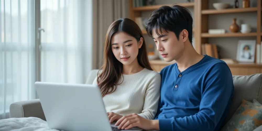 수면 무호흡증 치료 정보를 온라인으로 확인하는 부부의 모습