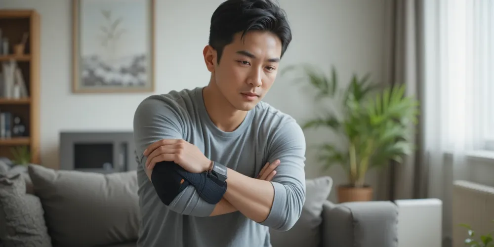 테니스엘보 보호대를 착용한 남성