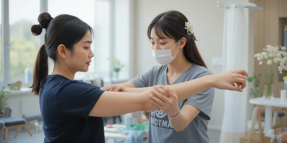 테니스엘보 통증 완화를 위한 스트레칭을 하는 치료 장면