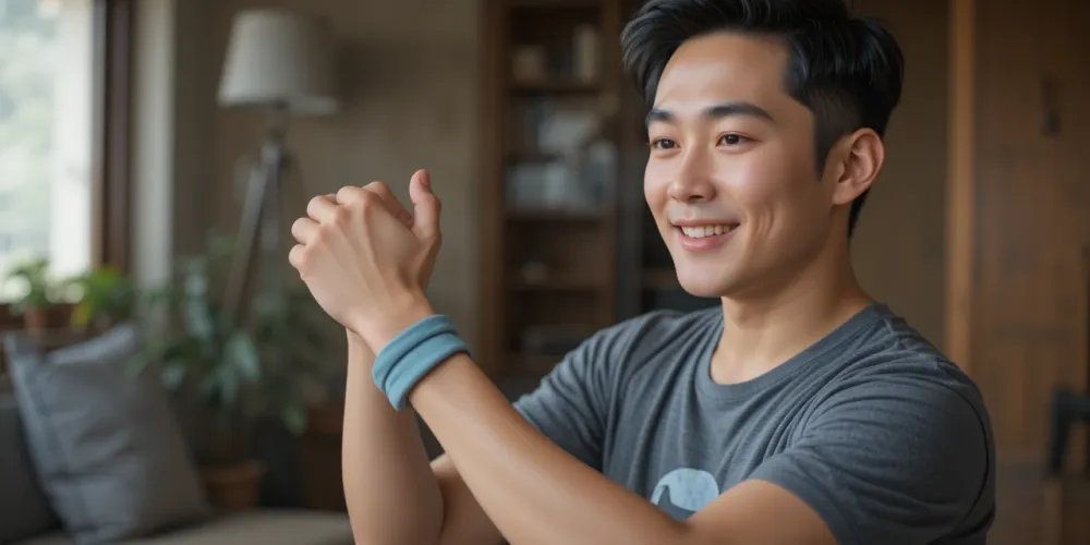 창가에서 가볍게 팔꿈치 스트레칭을 실천하는 장면