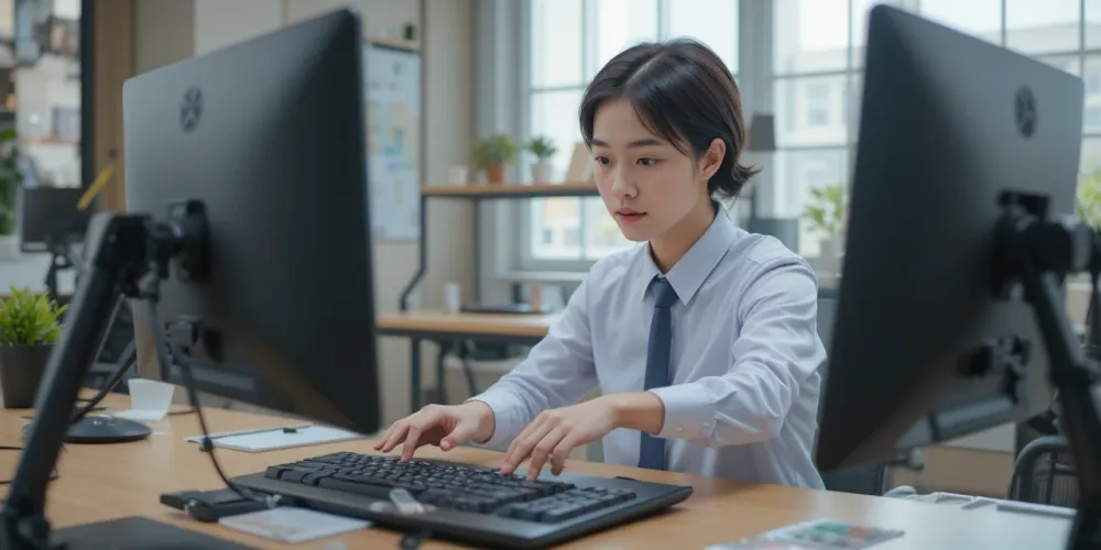 손목과 팔꿈치 부담을 줄이기 위한 키보드 높이를 조절하는 사무직의 모습