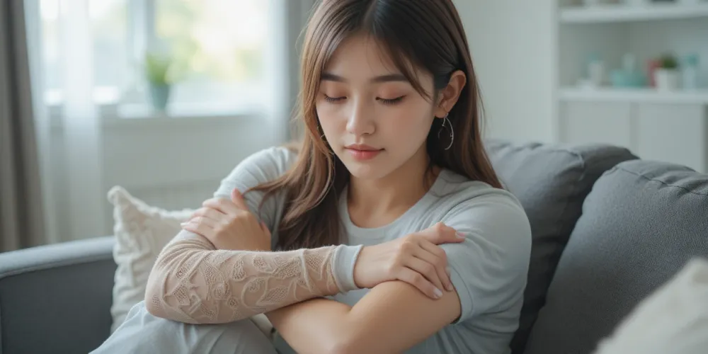 소파에 앉아 냉찜질로 팔꿈치 통증을 완화하는 모습