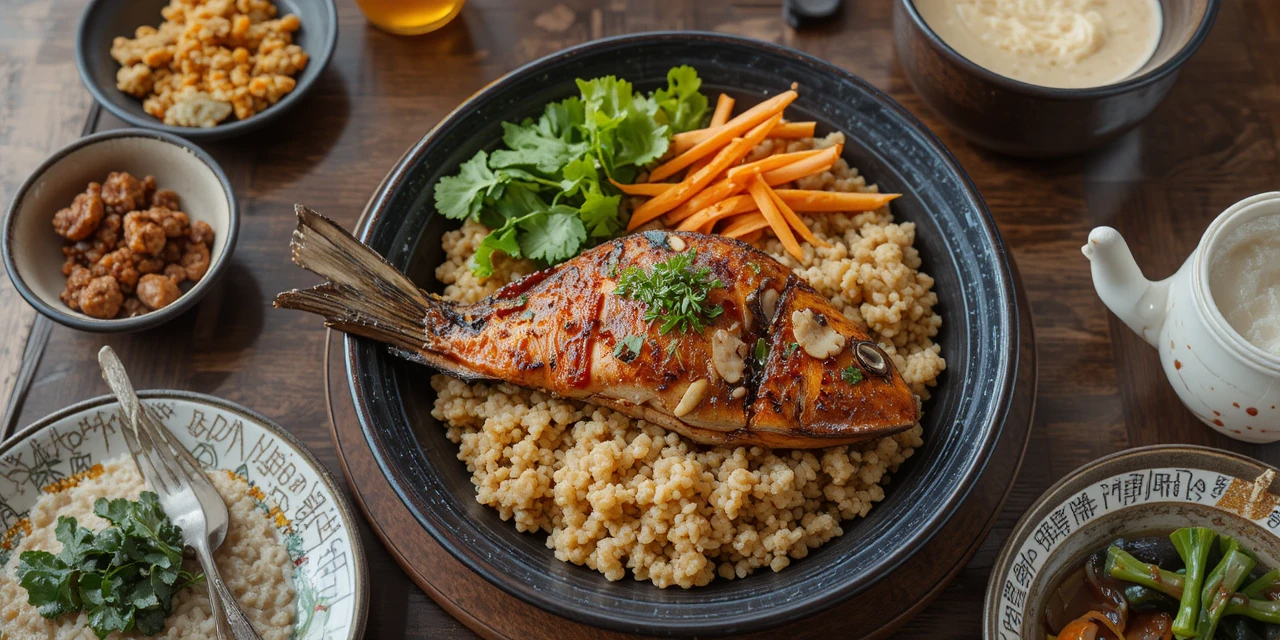 현미와 채소, 생선으로 구성된 건강한 한식 식단의 혈당 낮추는 음식 모습