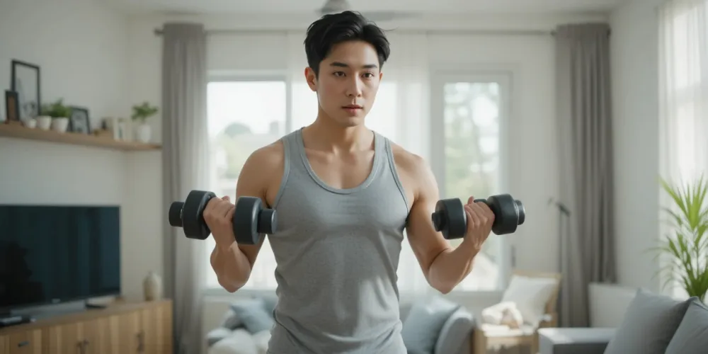 덤벨 운동으로 체지방 줄이는 운동을 집중 실천하는 남성의 단단한 모습