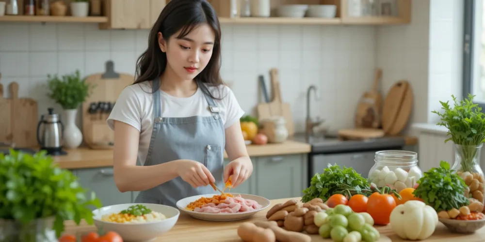 단백질 식단을 준비하며 체지방 줄이는 식단 루틴을 실천하는 여성의 건강한 모습