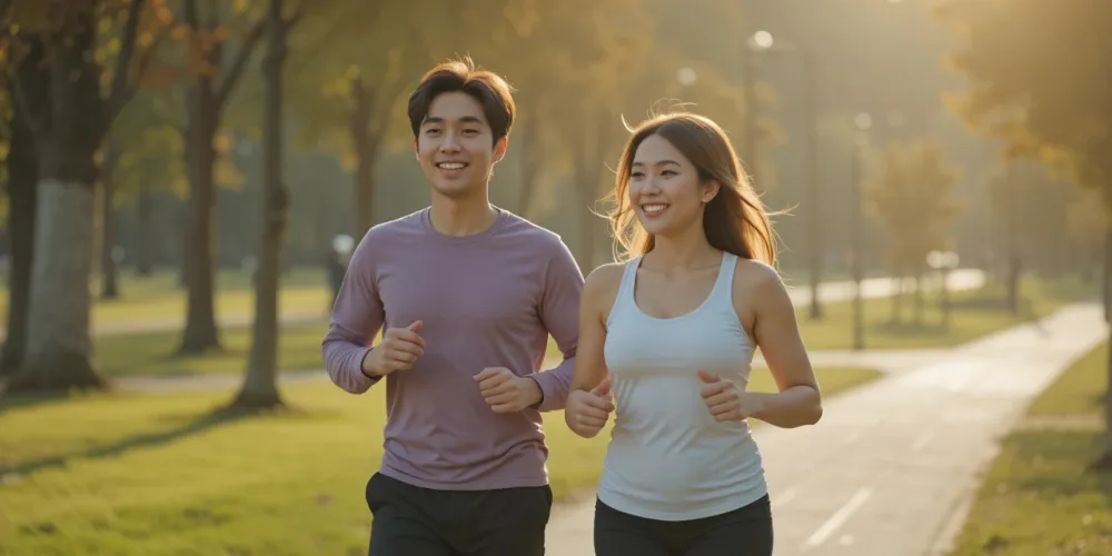 공원에서 함께 달리며 체지방 줄이는 운동 루틴을 실천하는 부부의 활기찬 모습