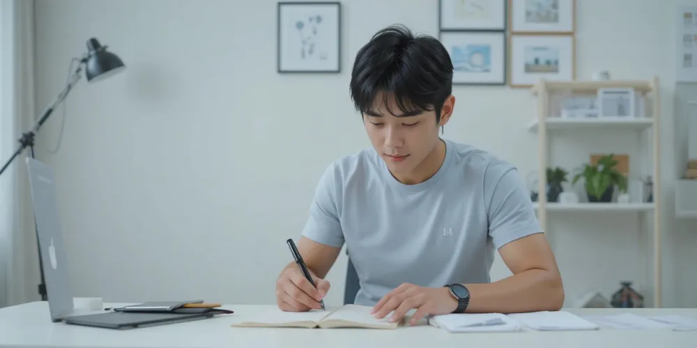 운동 계획을 세우며 체지방 감량 루틴을 점검하는 남성의 집중된 모습