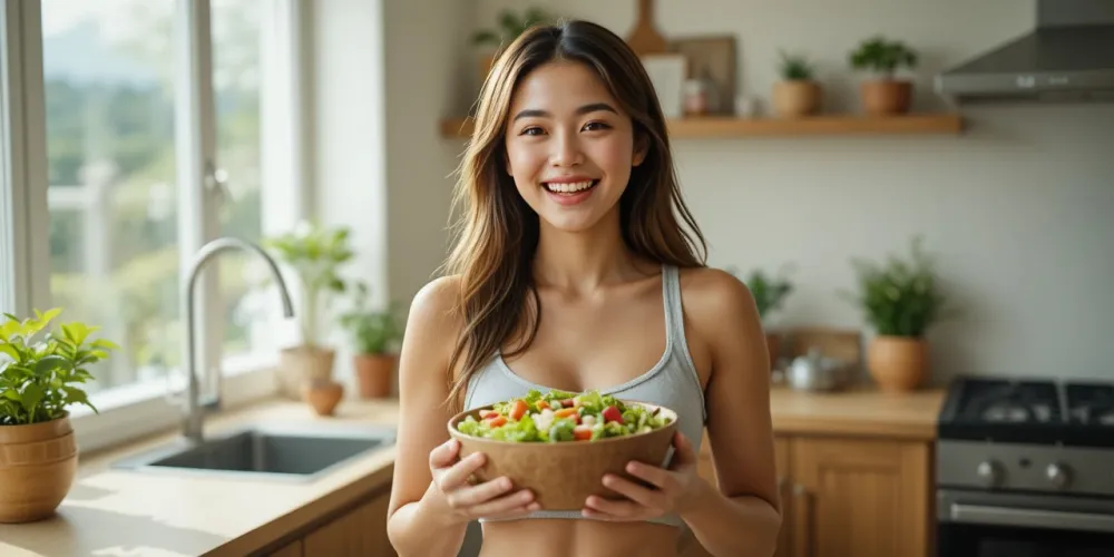 아침에 먹기 좋은 건강한 식사를 준비하며 웃고 있는 여성 모습