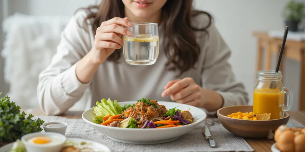 물과 신선한 채소를 함께 먹는 아침 식사 모습