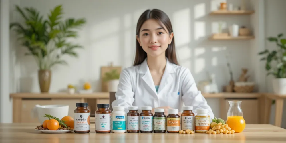 영양제가 놓인 테이블에서 상담하는 모습