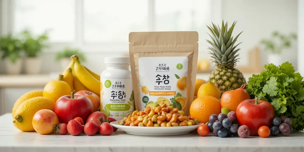 신선한 과일과 비타민 영양제가 놓인 식탁 모습