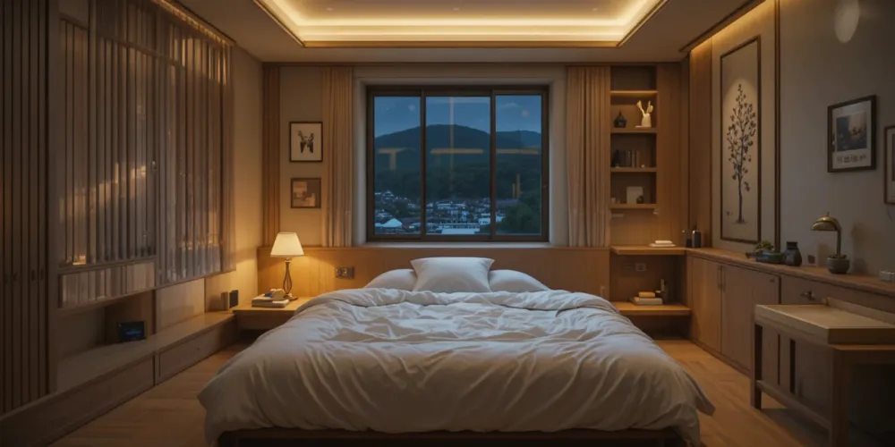 조명이 은은한 침실의 편안한 잠자리 모습