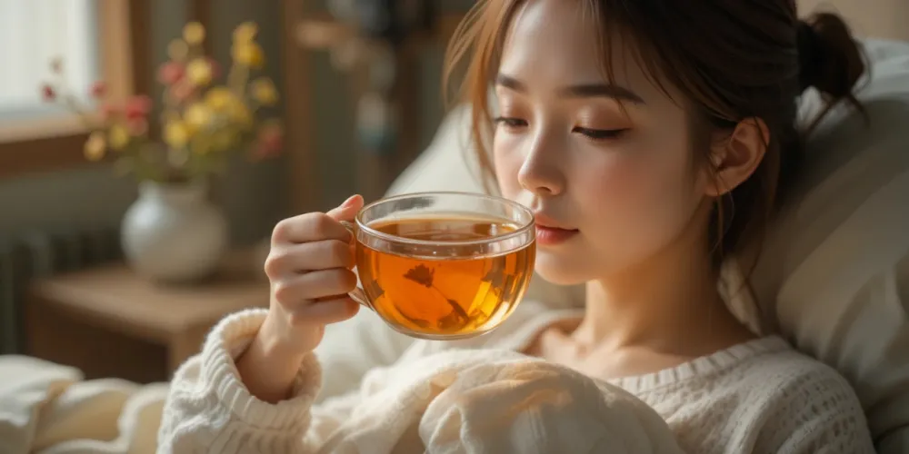 따뜻한 허브티를 마시며 휴식을 취하는 모습