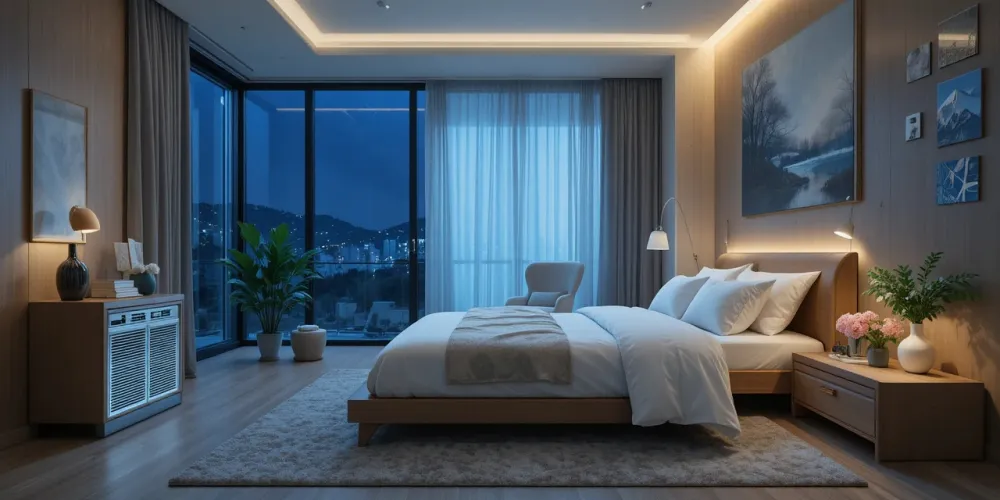 조용한 방 안에 수면등과 공기청정기가 있는 건강한 수면 공간 모습