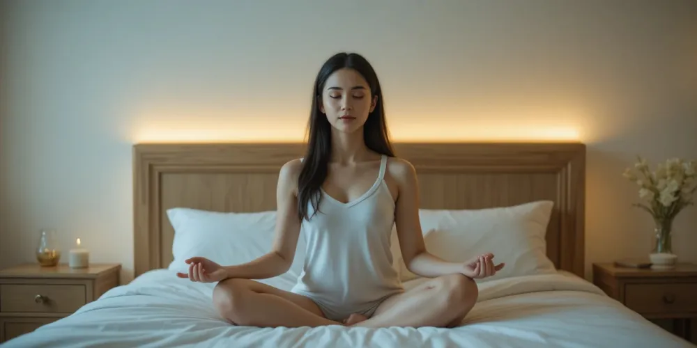 침대 위에서 명상으로 심신을 이완하며 숙면을 준비하는 모습