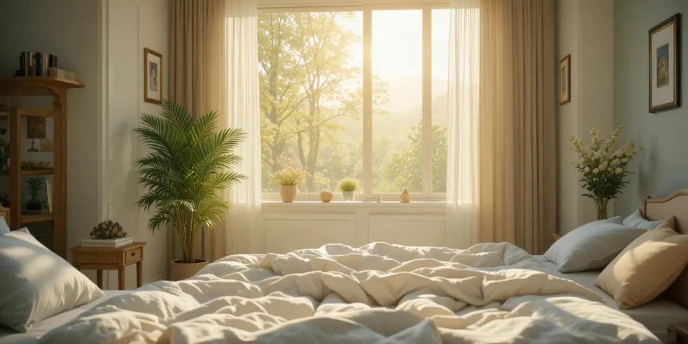 햇살이 비치는 침실에서 상쾌하게 일어나는 모습
