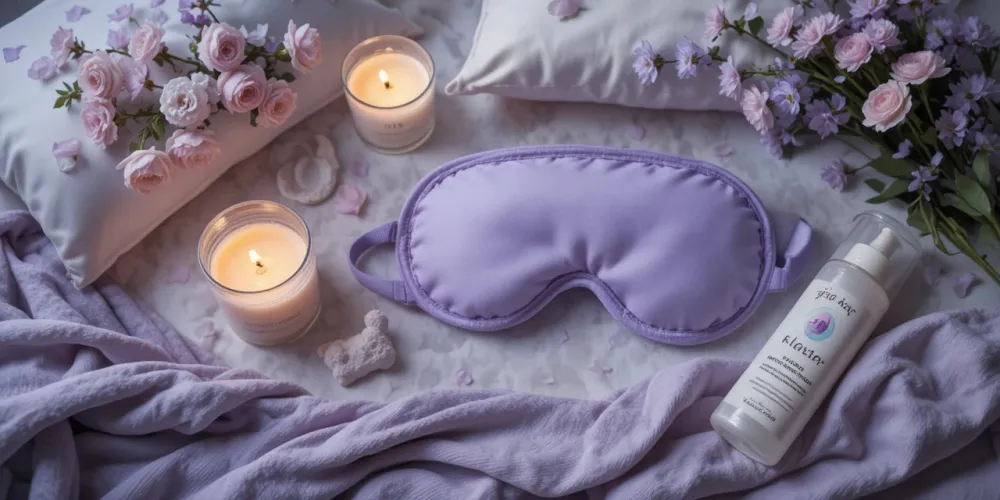 수면 안대, 향초, 베개 미스트 등이 깔끔하게 배치된 평온한 모습