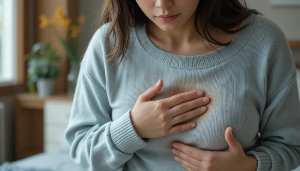 복부 불편함을 느끼며 소화 불량 증상을 확인하는 여성의 모습