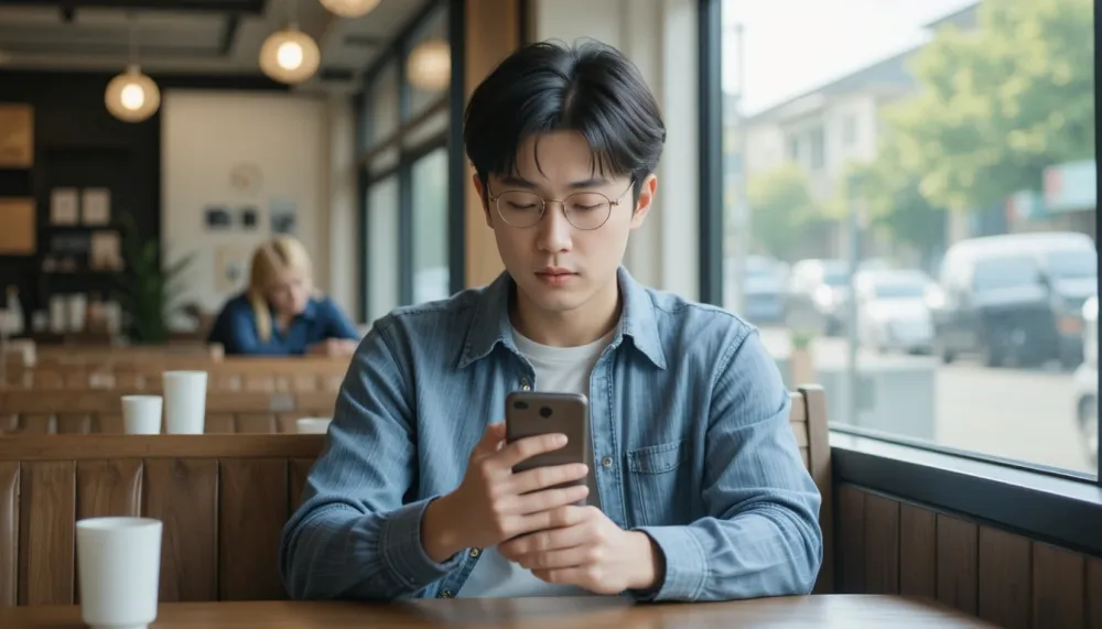 스마트폰으로 소화 불량 증상을 검색하는 남성의 모습