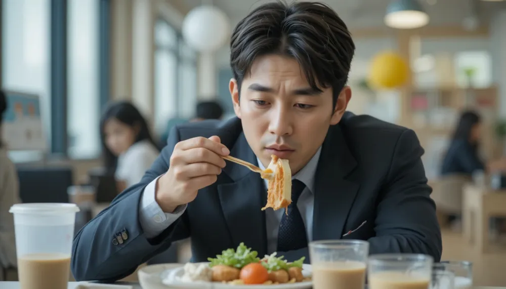 점심시간에 급하게 식사하며 스트레스를 받는 직장인의 모습