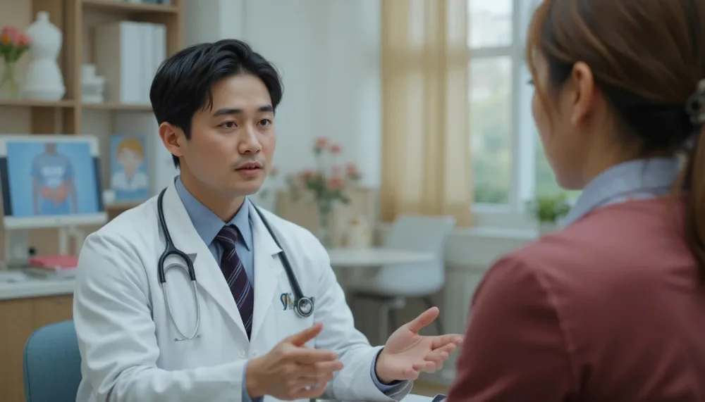 의사가 소화 건강 관리법을 설명하며 환자와 대화하는 모습