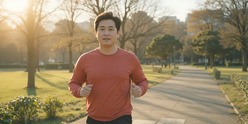 공원에서 운동하는 중년 남성의 건강 관리 모습