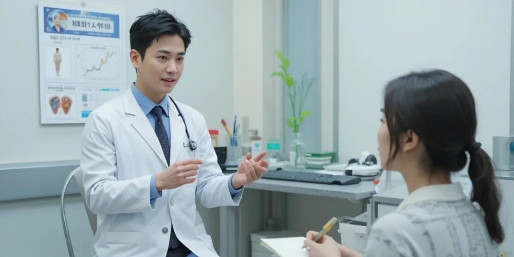 클리닉에서 고혈압 관리 차트를 설명하는 모습