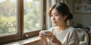 창가에서 피로를 느끼며 차를 마시는 여성의 모습