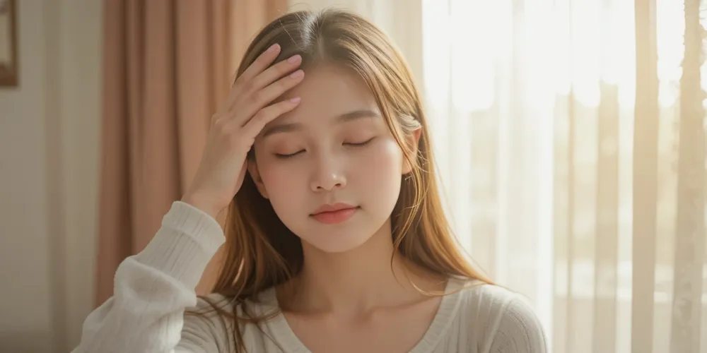 얼굴을 만지며 열감을 느끼는 여성의 모습