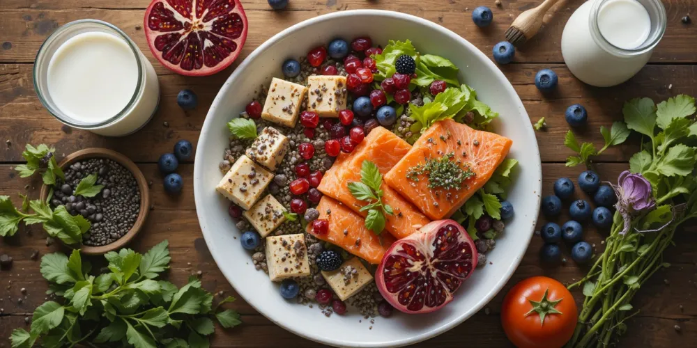 두부, 연어, 석류, 블루베리 등 건강식품이 놓인 식탁의 모습