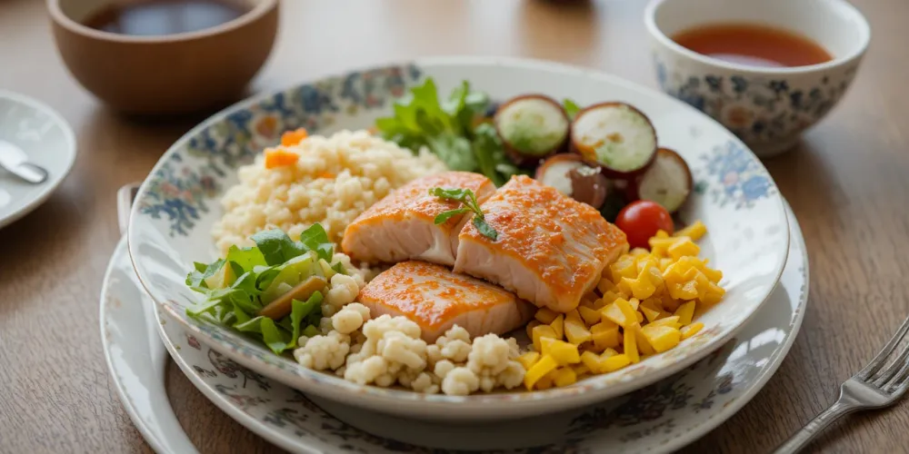 하루 식단을 구성한 건강한 식사 테이블의 모습