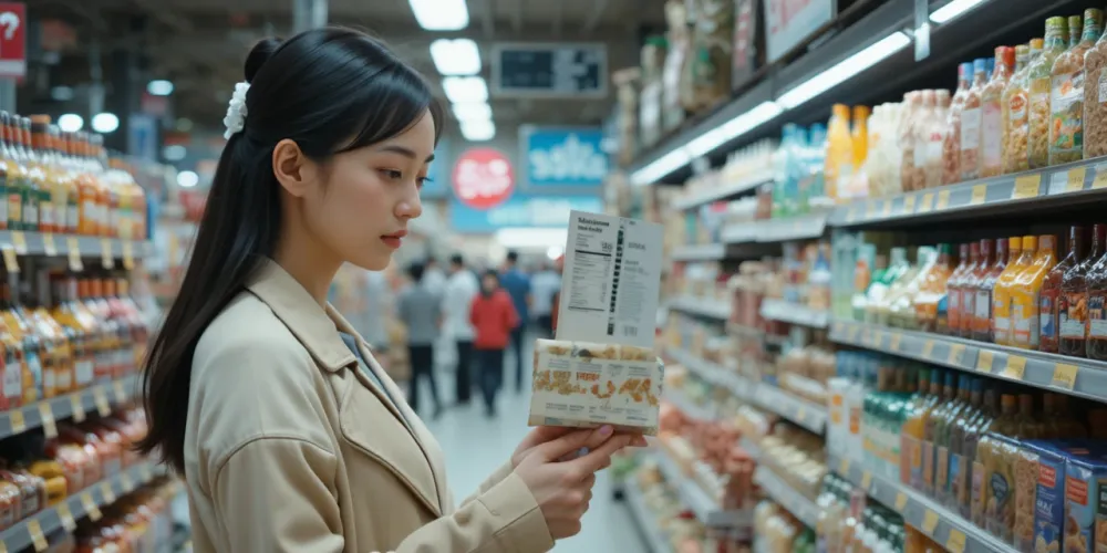 슈퍼마켓에서 영양 정보를 확인하는 여성의 모습