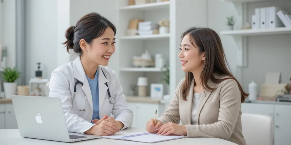 건강 상담실에서 영양사와 대화하는 여성의 모습