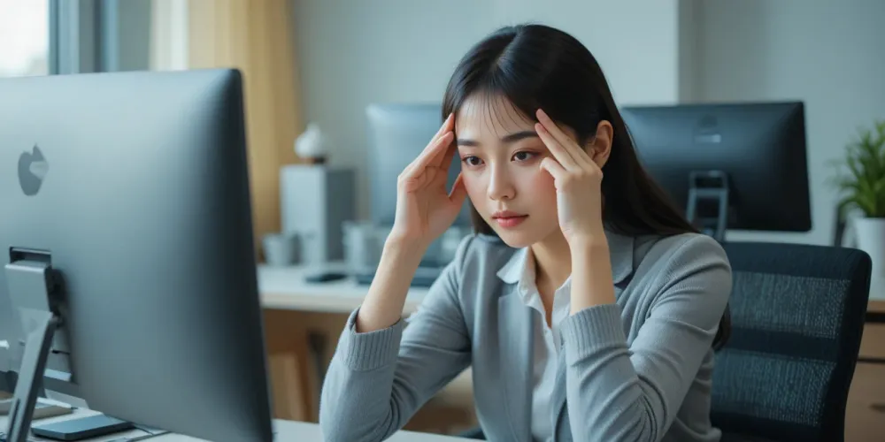 사무실에서 피로를 느끼며 이마를 짚는 여성의 모습