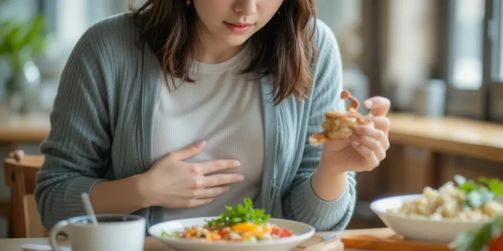 점심 식사 중 위 불편을 느끼는 여성의 모습