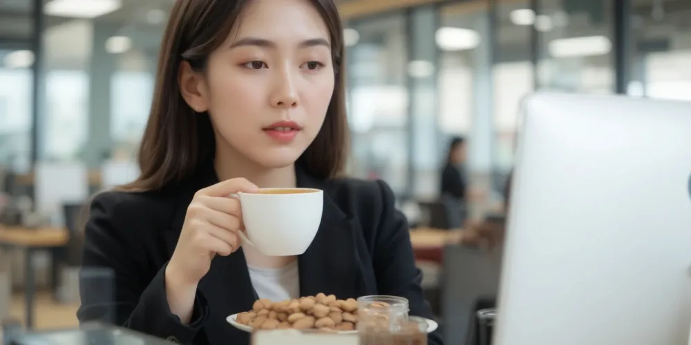 사무실에서 커피 대신 건강 간식을 고르는 여성의 모습