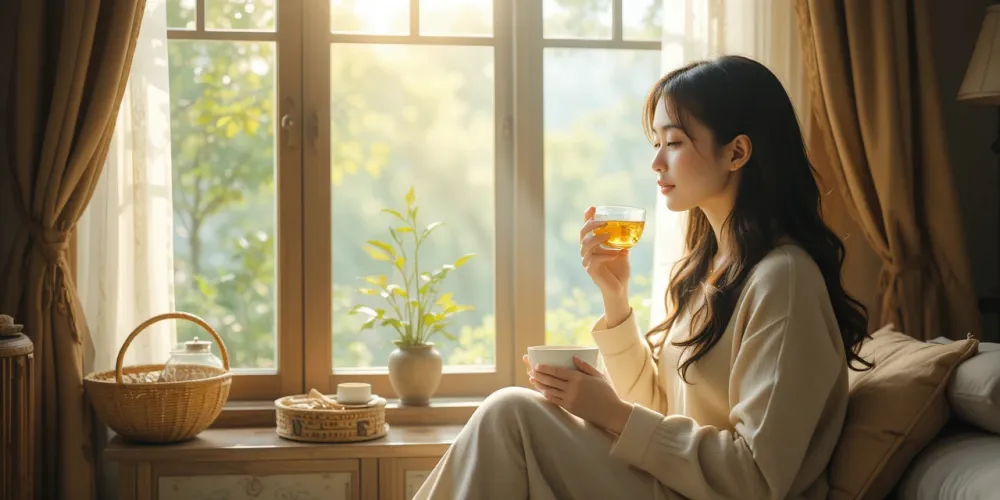창가에서 따뜻한 허브티를 마시는 여유로운 여성의 모습
