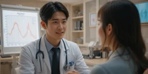 의사가 환자에게 갑상선 기능 저하증 그래프를 설명하는 모습