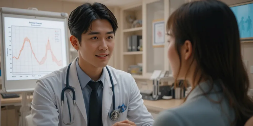 의사가 환자에게 갑상선 기능 저하증 그래프를 설명하는 모습
