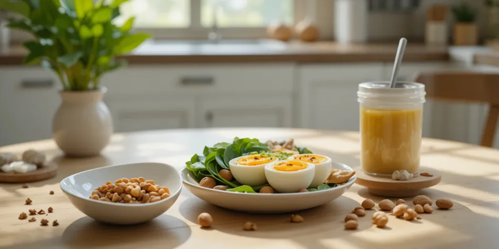 계란, 시금치, 견과류로 구성된 갑상선 기능 저하증 식단 모습