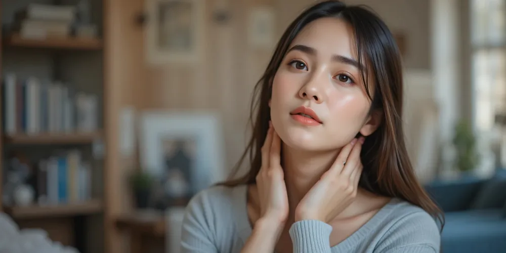 피로한 표정으로 목을 감싸고 있는 여성의 갑상선 기능 저하증 증상 모습