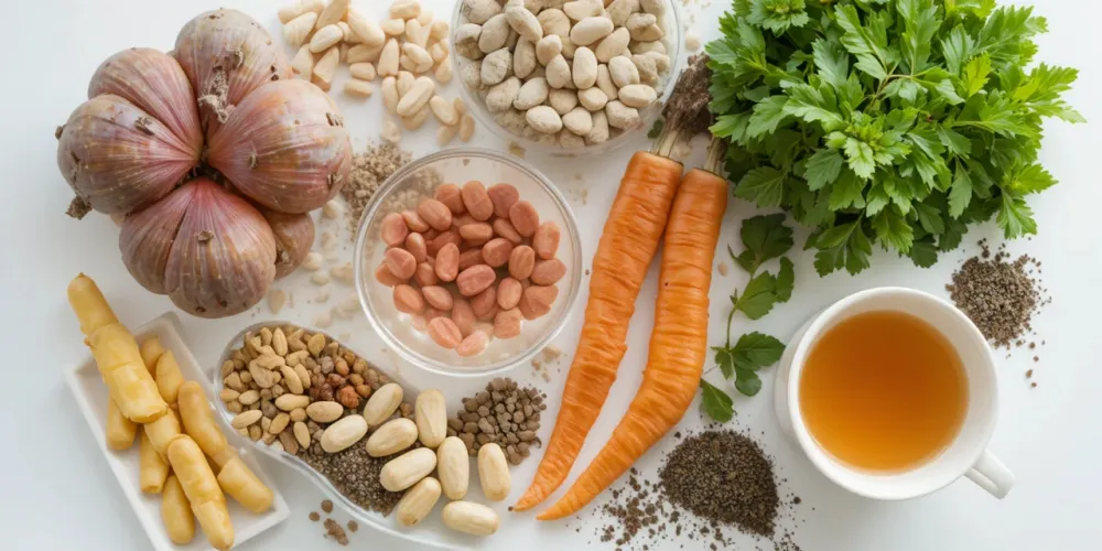 영양제와 채소, 허브티가 놓인 갑상선 건강 관리 하는 식단 모습