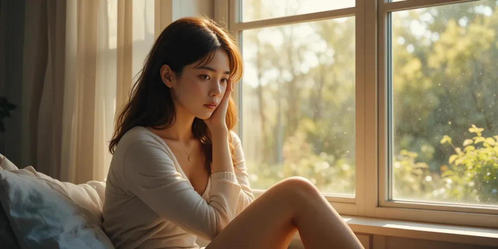 창가에서 피곤함을 느끼며 앉아 있는 여성의 모습