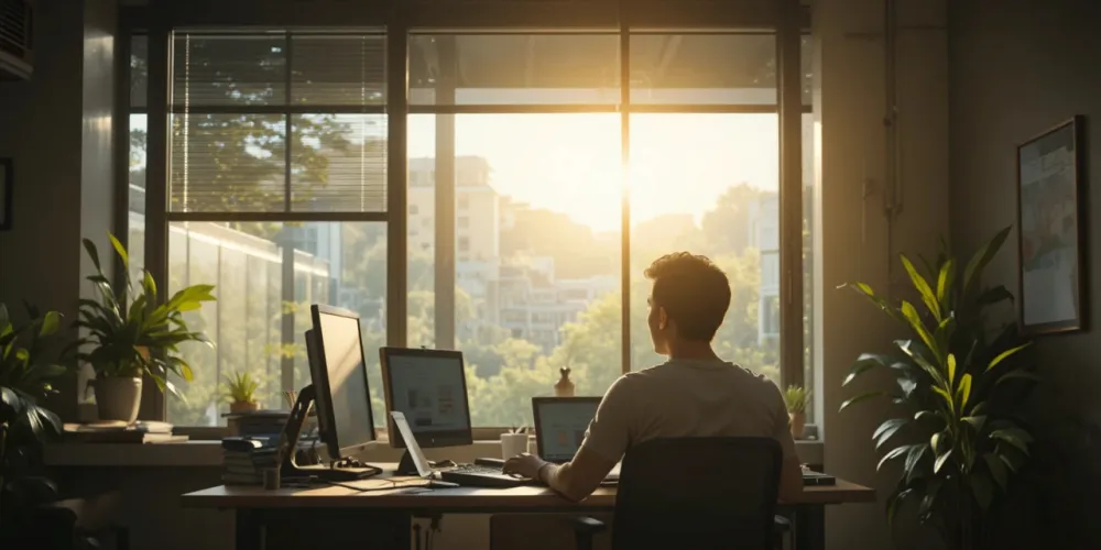 사무실 실내에서 햇빛을 바라보는 직장인의 모습