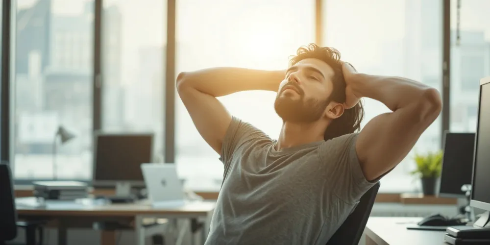 의자에 앉아 목과 어깨를 스트레칭하는 남성의 모습