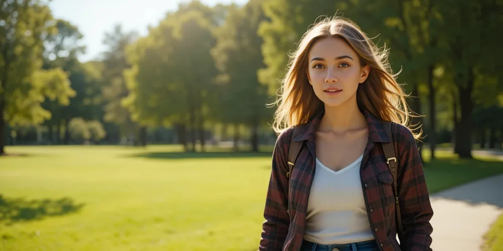 공원에서 햇빛을 받으며 산책하는 여성의 모습