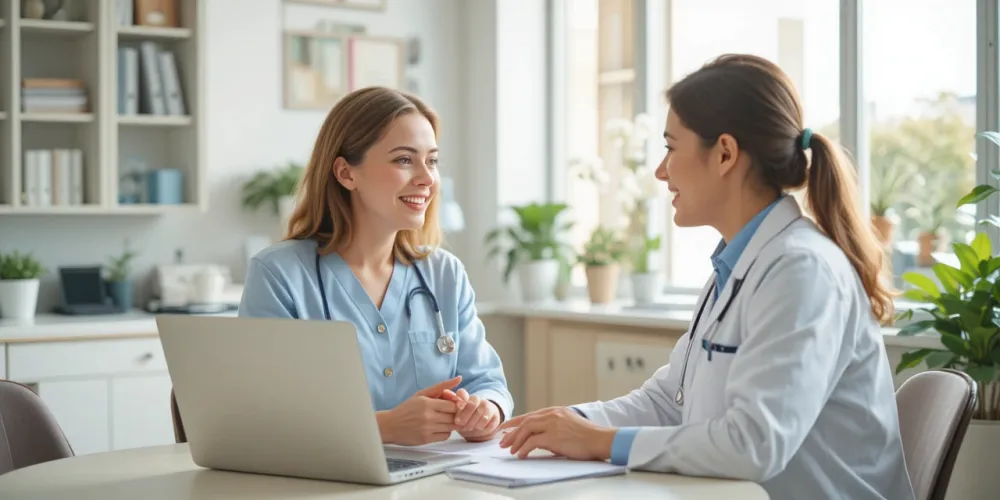 병원 상담실에서 건강 전문가와 상담 중인 사람의 모습