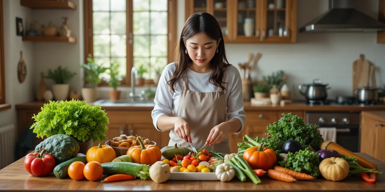 항산화 채소를 손질하는 여성의 건강한 조리 모습