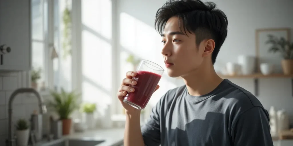 항산화 스무디를 마시는 남성의 건강한 휴식 모습